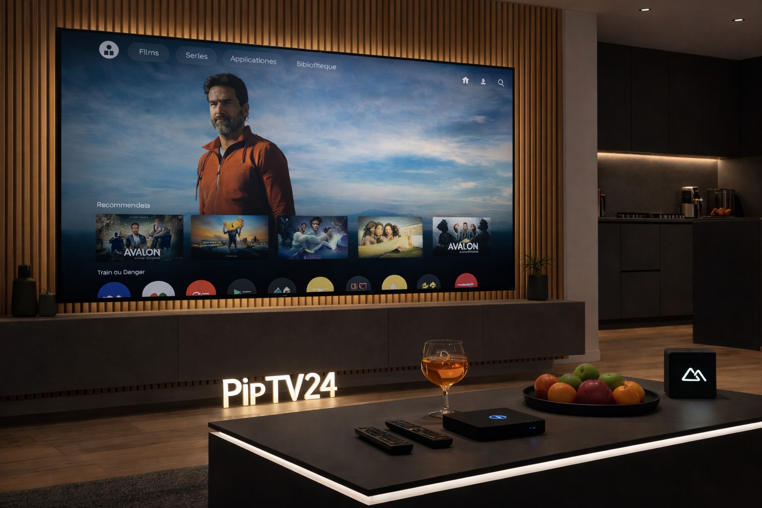 Interface IPTV Premium PIPTV24 affichée sur Smart TV avec guide EPG et qualité 4K