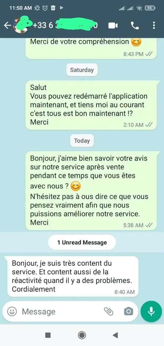 Avis client positif WhatsApp pour PIPTV24 - Service IPTV Premium apprécié
