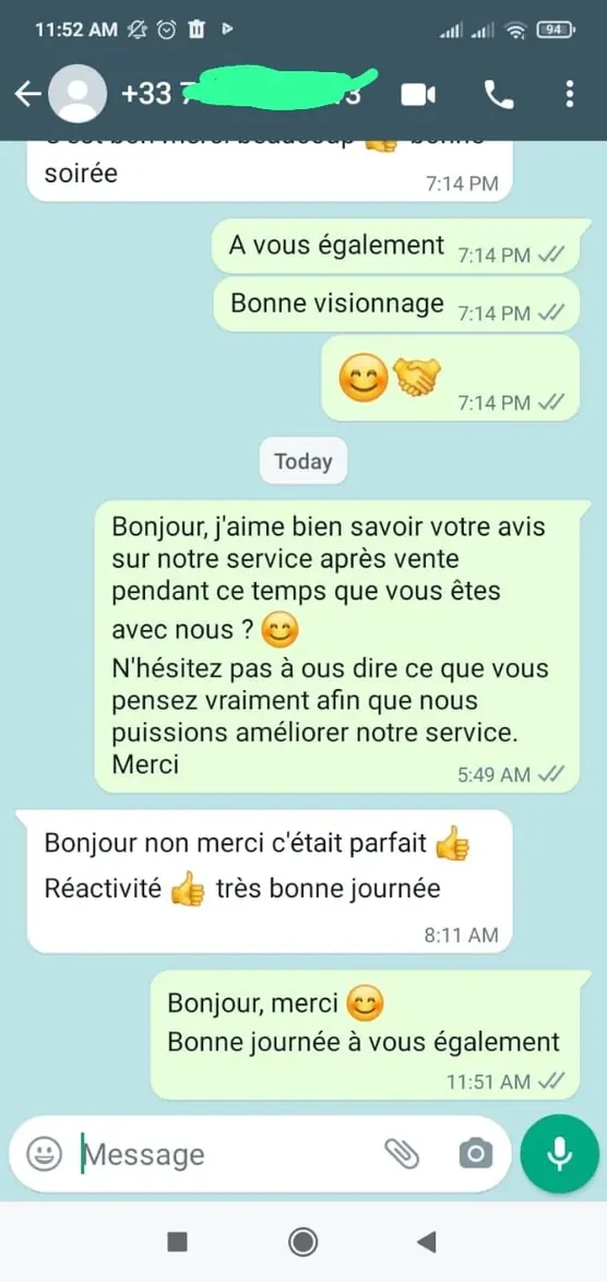 Témoignage client WhatsApp PIPTV24 - Satisfaction abonnement IPTV