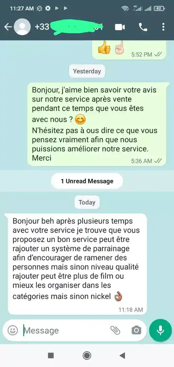 Message client WhatsApp PIPTV24 - Support technique réactif apprécié