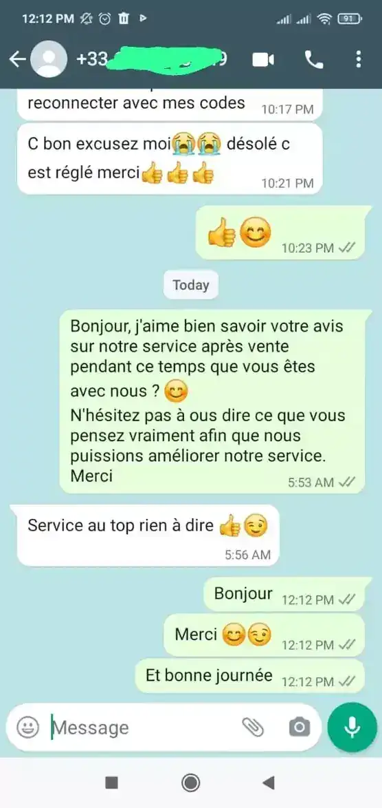 Feedback client WhatsApp PIPTV24 - Stabilité serveurs IPTV excellente